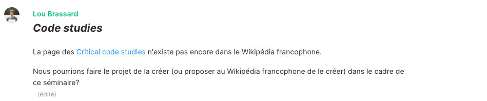 Capture d’écran (10 septembre 2020): proposition de travailler sur les articles francophones dans la discussion du séminaire.