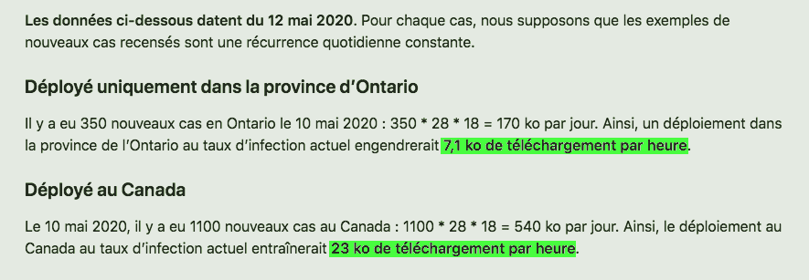 estimation des données transférées pour le déploiement en Ontario (7,1 ko/h) et au Canada (23 ko/h)